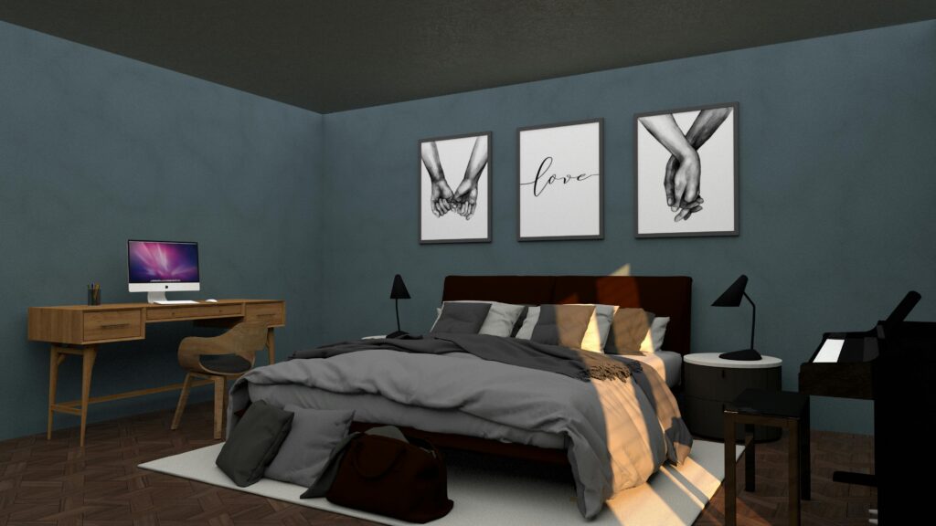 A modern bedroom interior featuring a computer desk and stylish wall art, creating a cozy atmosphere.